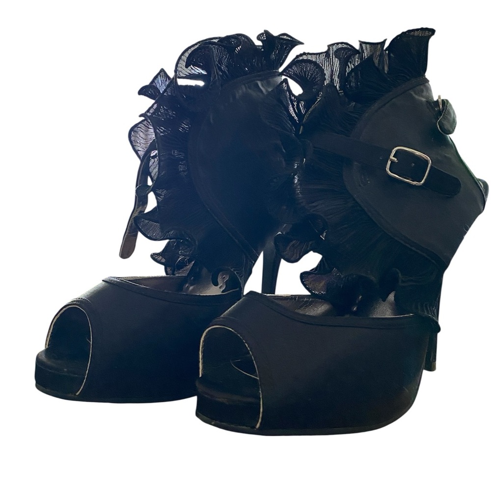 Wild Rose Black Peep-Toe Ruffle Heels